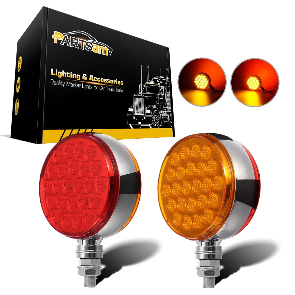 Partsam 2pc 4inch Round Double Face Single Stud Mount Pearl Red/Amber 48 LED Pedestal Fender Reflective Lights w Chrome Housing Sealed Replacement for Kenworth/Peterbilt/Freightliner