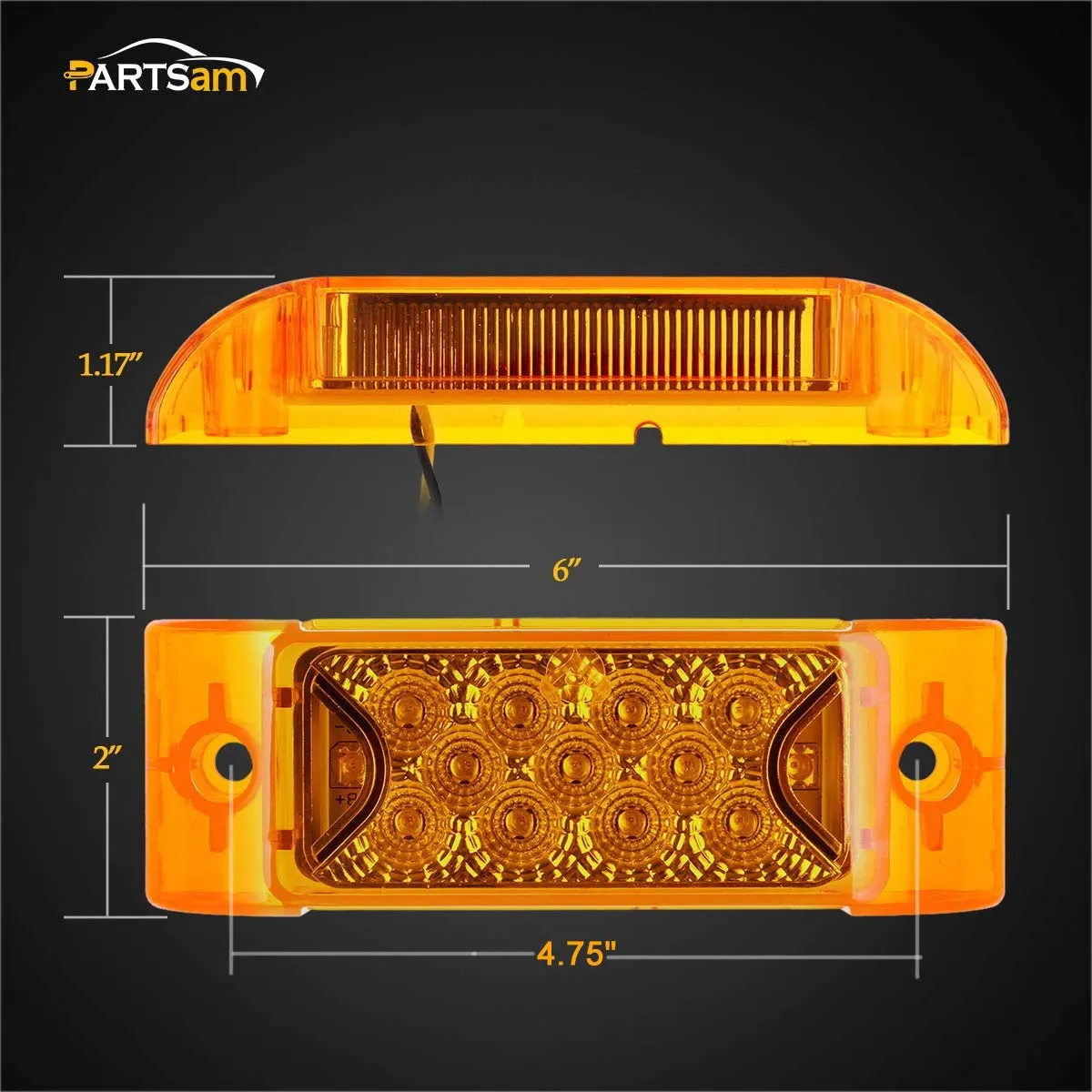 Partsam PAIR 6inch Amber LED Reflective Rectangle Clearance Side Marker Light Trailer 13LED, 6x2 trailer lights, Faceted led marker lights