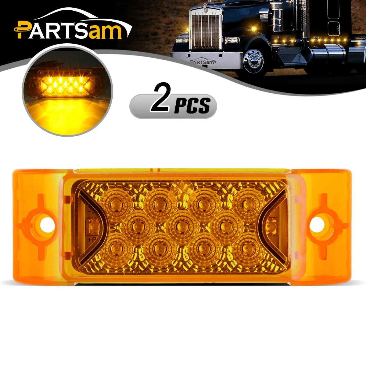 Partsam PAIR 6inch Amber LED Reflective Rectangle Clearance Side Marker Light Trailer 13LED, 6x2 trailer lights, Faceted led marker lights