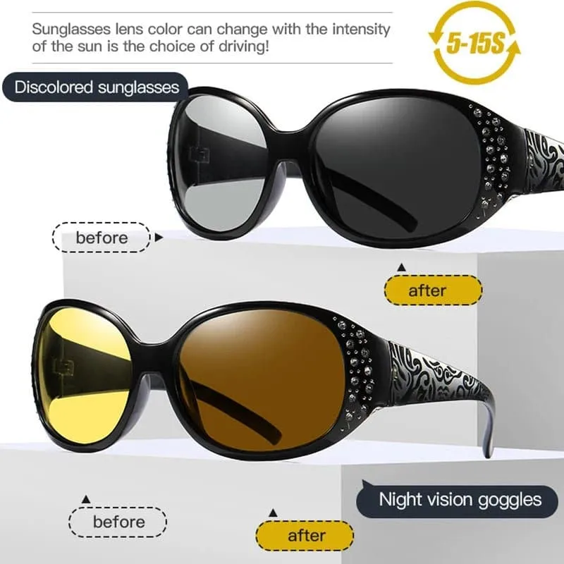 Photochromic Polarized Driving Shades for Women - Oval Style, UV400, Anti-Reflective - 52mm Lens Height, 57mm Lens Width - Rosybee 008