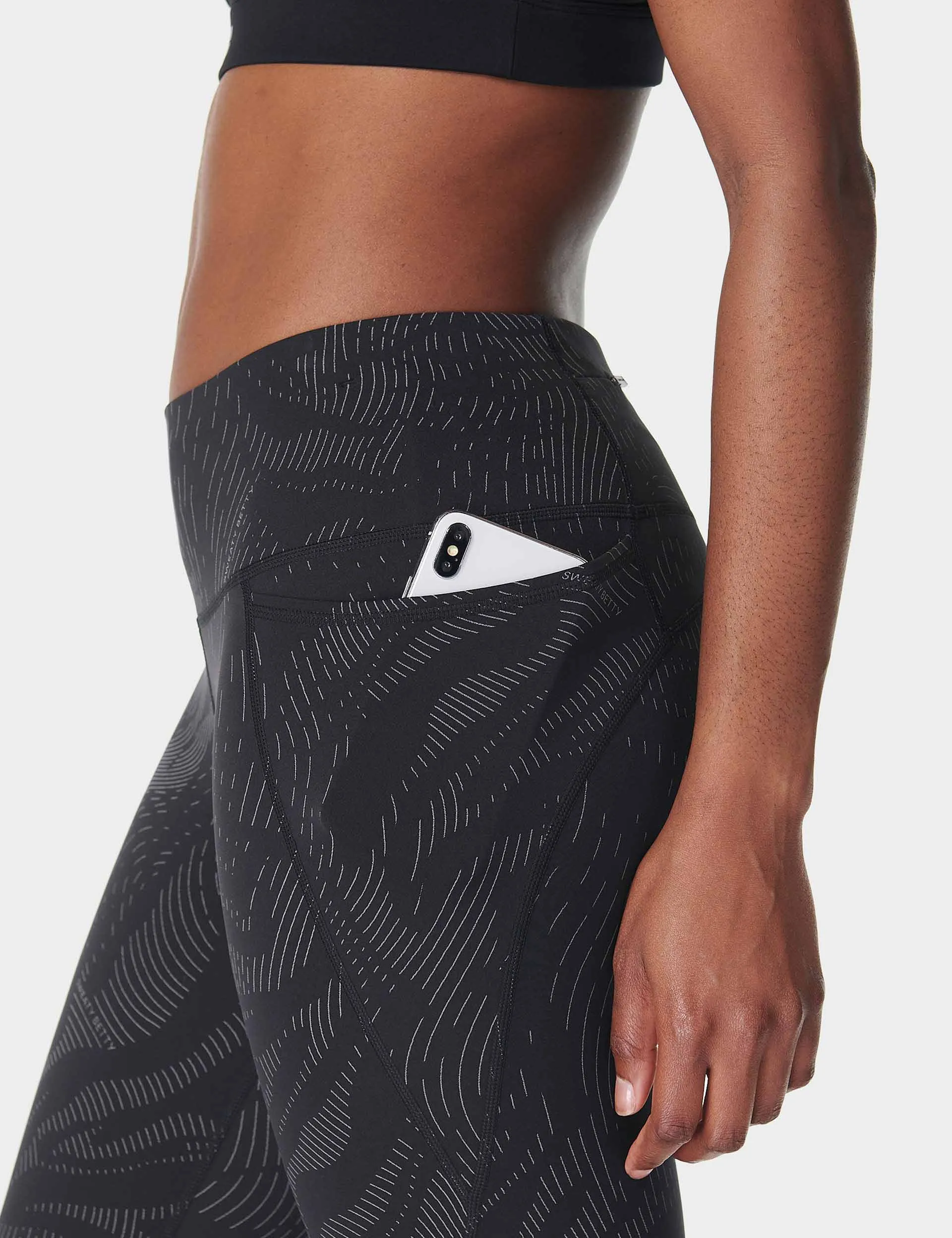 Power 7/8 Reflective Gym Leggings - Black Wavey Reflective Print