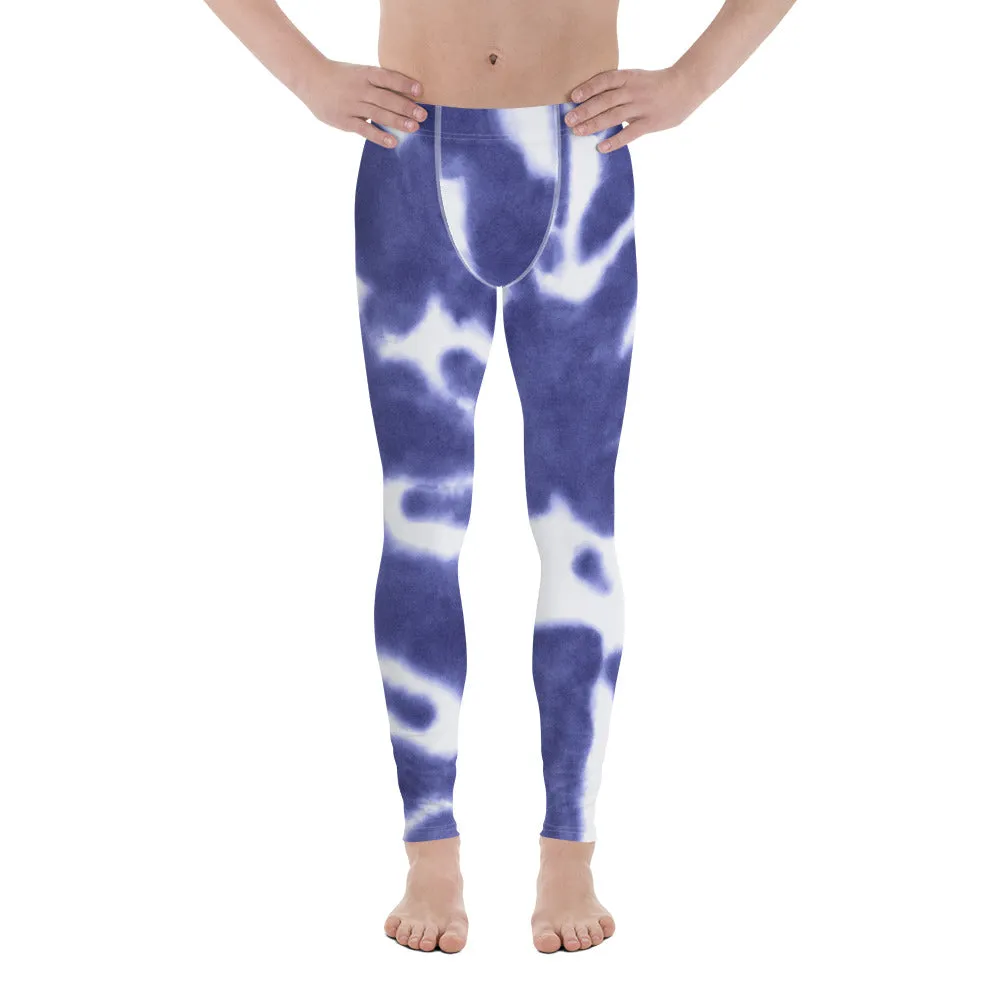 Purple Blue Tie Dye Meggings, Best Abstract Men's Tie Dye Leggings For Workout-Made in USA/EU/MX