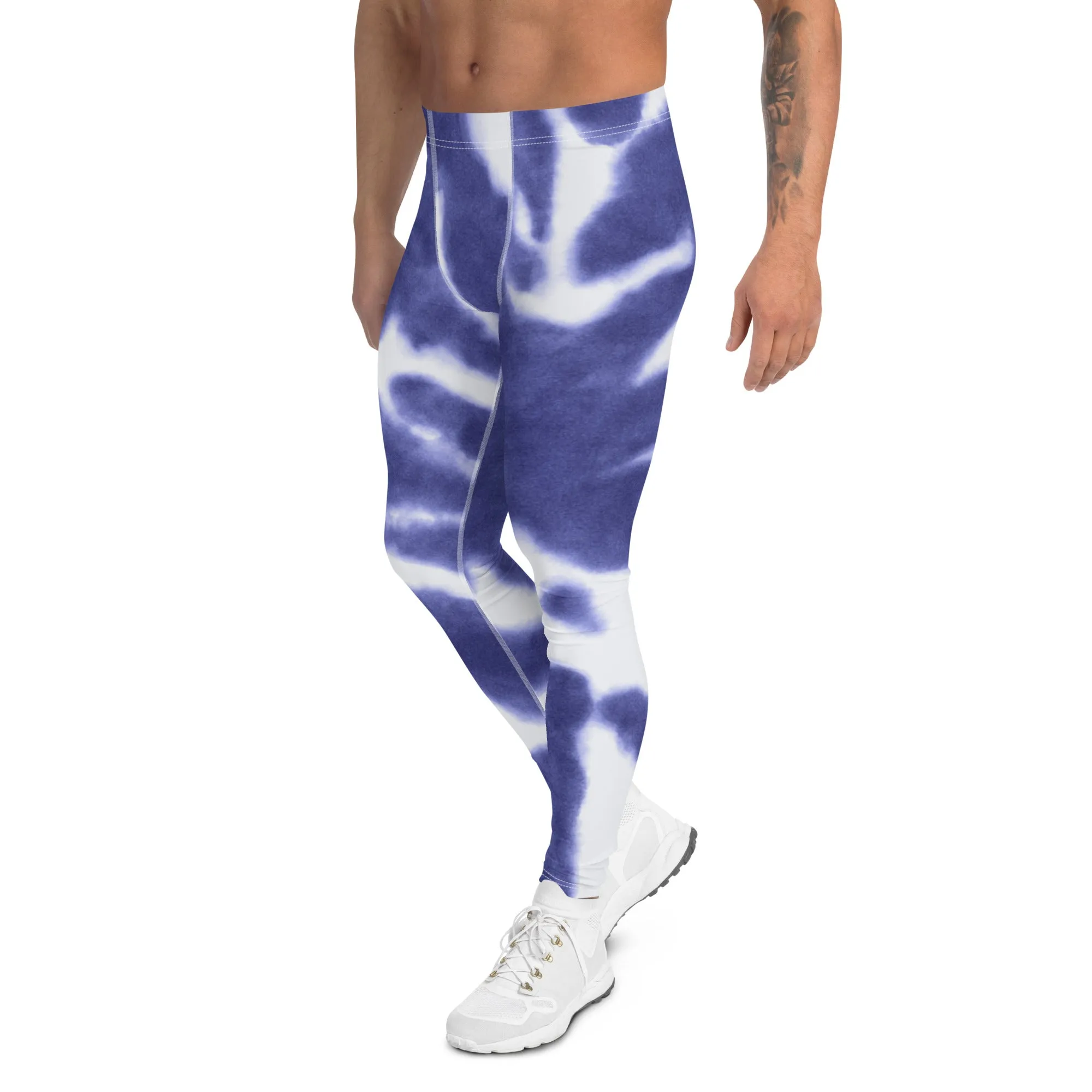 Purple Blue Tie Dye Meggings, Best Abstract Men's Tie Dye Leggings For Workout-Made in USA/EU/MX