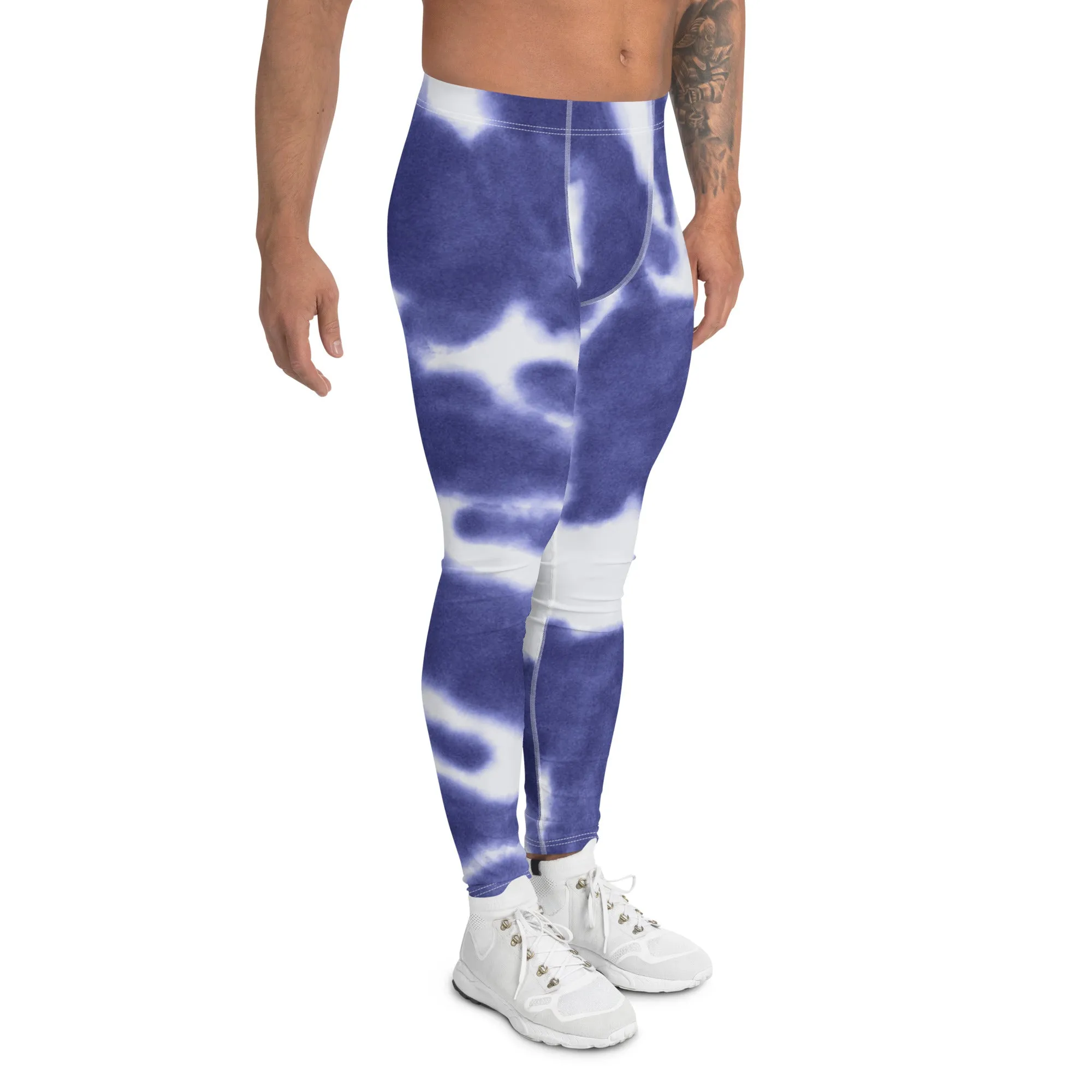 Purple Blue Tie Dye Meggings, Best Abstract Men's Tie Dye Leggings For Workout-Made in USA/EU/MX