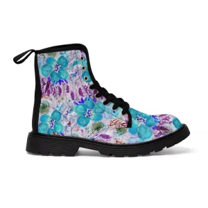 Purple Floral Print Men's Boots, Best Hiking Winter Boots Laced Up Designer Shoes For Men