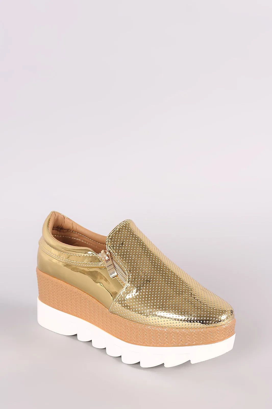 Qupid Zip-Up Perforated Metallic Lug Sole Loafer Wedge