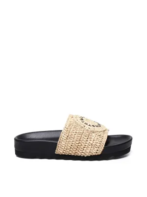 Raffia Rubber Slippers in Black and Beige