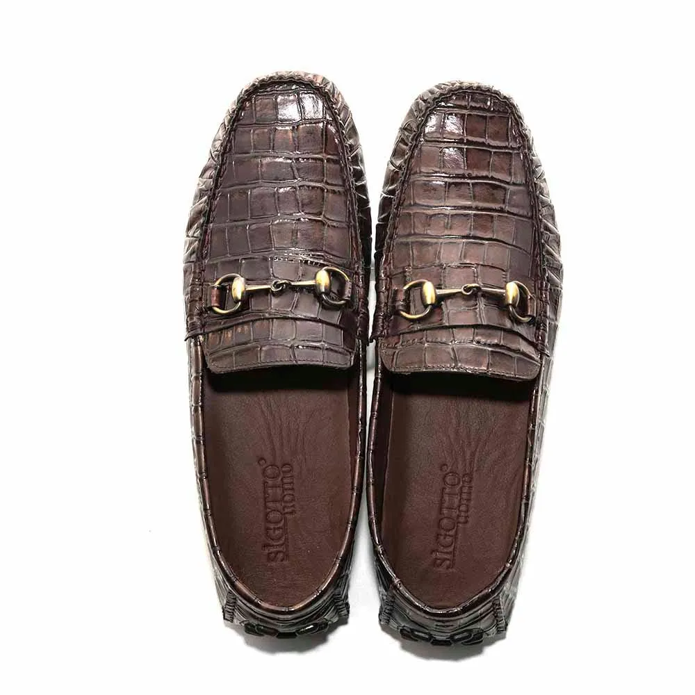 SIGOTTO UOMO Brown Italian Leather Crocodile Print Bit Moccasin