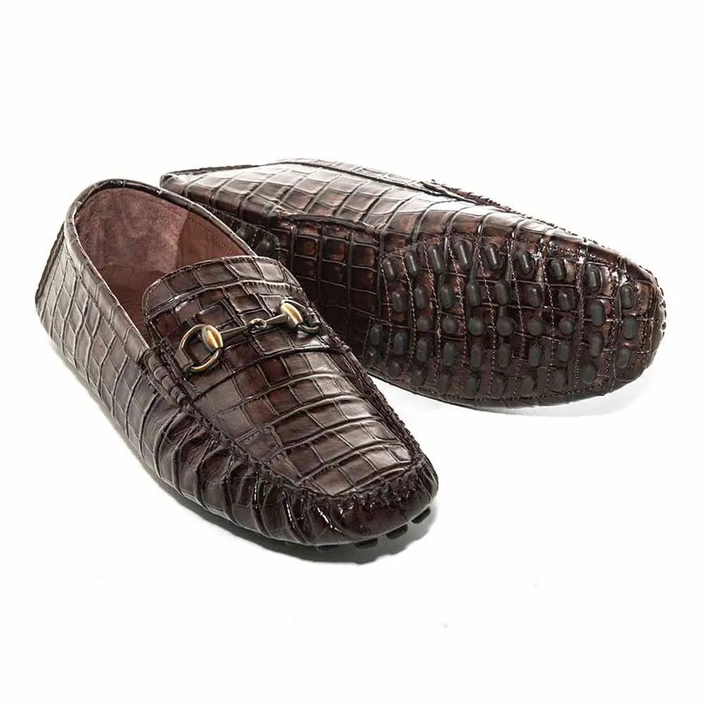 SIGOTTO UOMO Brown Italian Leather Crocodile Print Bit Moccasin