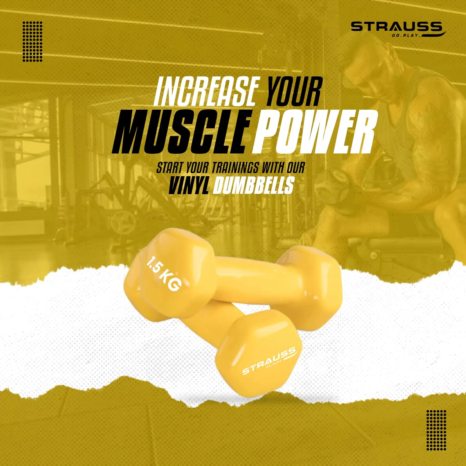 Strauss Premium Vinyl Dumbbells Weight for Men & Women | 1.5 Kg (Each) | 3 Kg (Pair) | Ideal for Home Workout, Yoga, Pilates, Gym Exercises | Non-Slip, Easy to Hold, Scratch Resistant (Yellow)