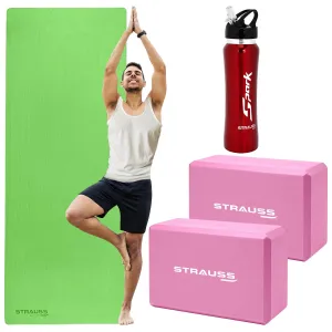 STRAUSS Yoga Starter Kit| 6mm Green EVA Yoga Mat| Stainless Steel Red Bottle| 2 EVA Foam Pink Yoga Blocks, Ideal for Yoga & workout