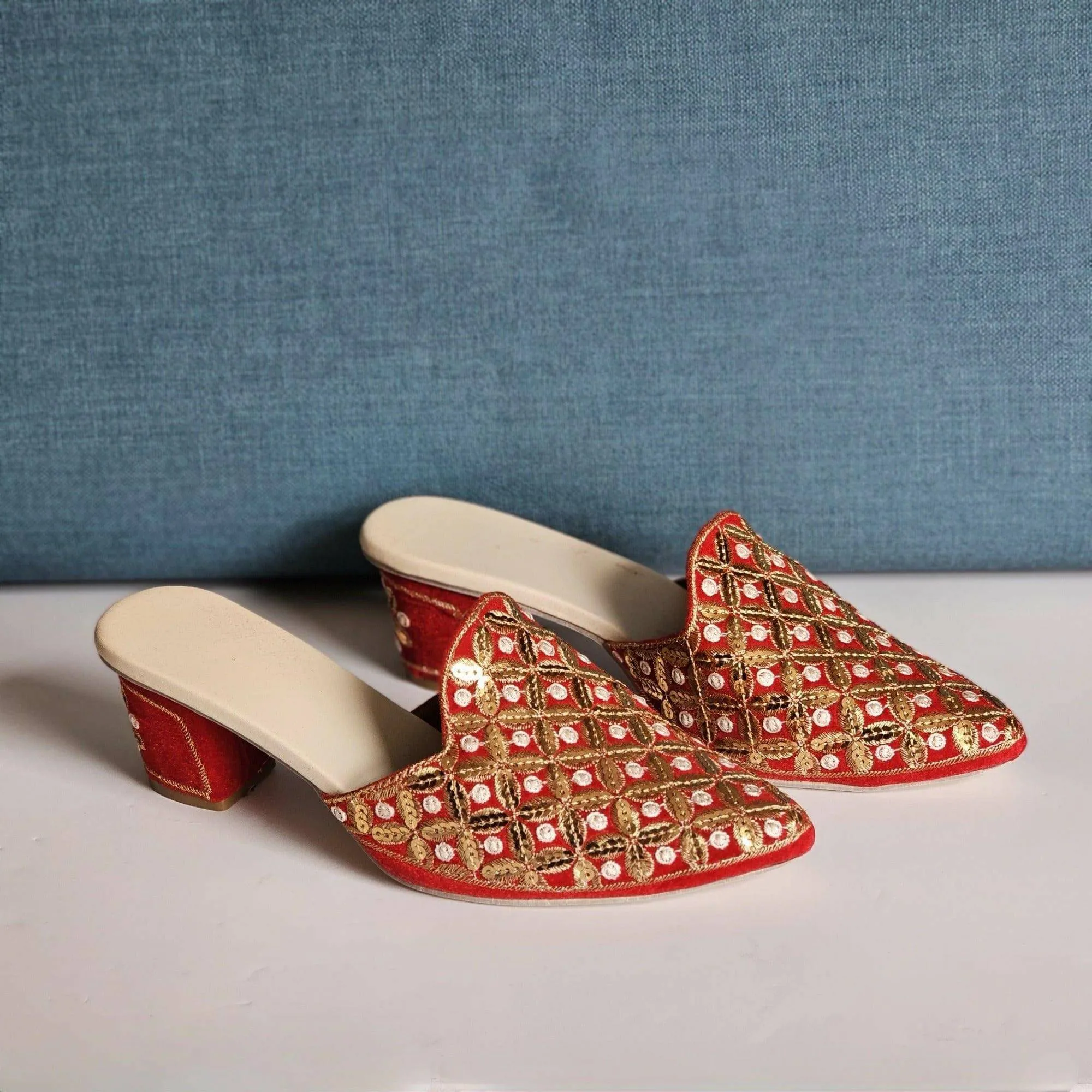 Tamanna - Women's Red Sequined Bridal Heel Mules