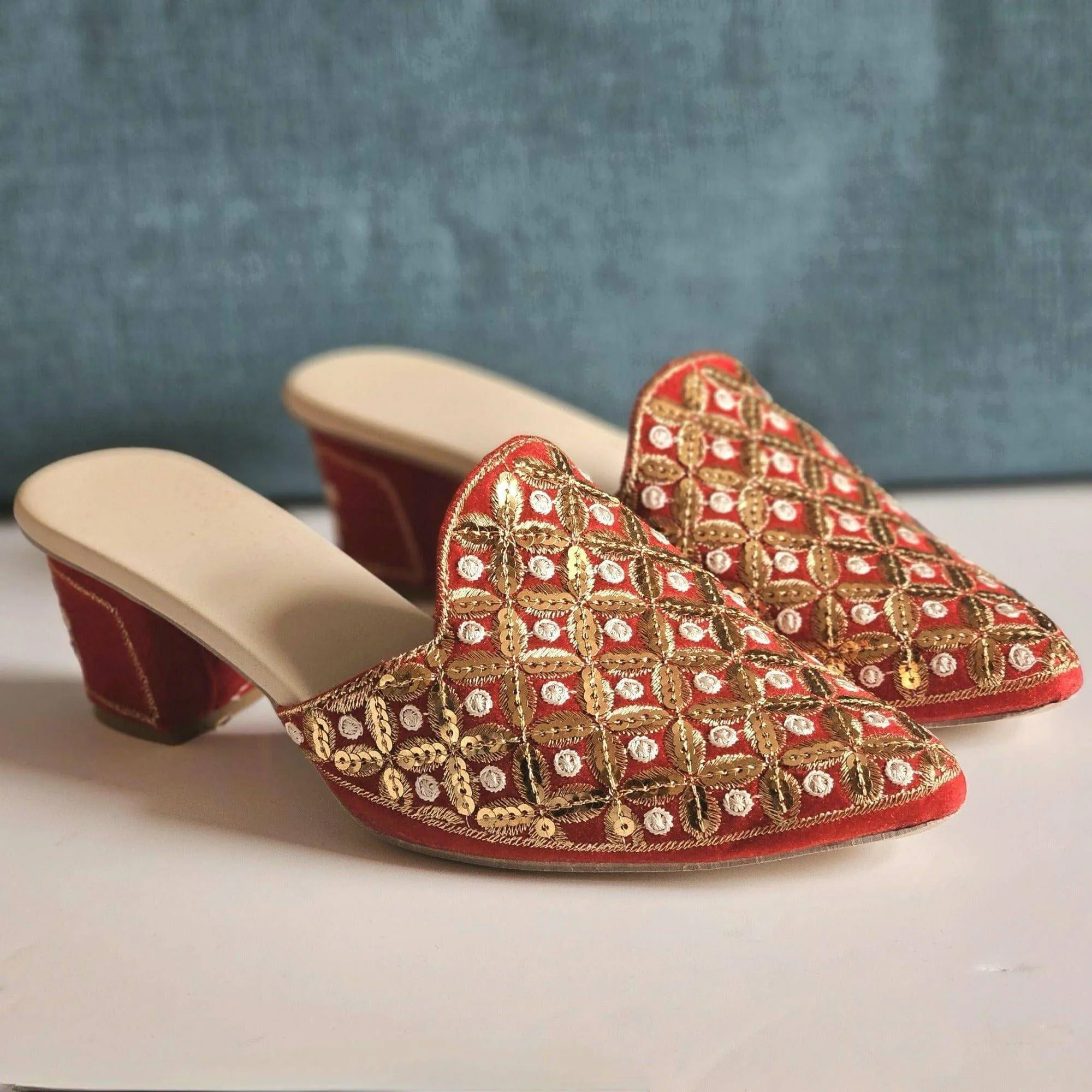 Tamanna - Women's Red Sequined Bridal Heel Mules