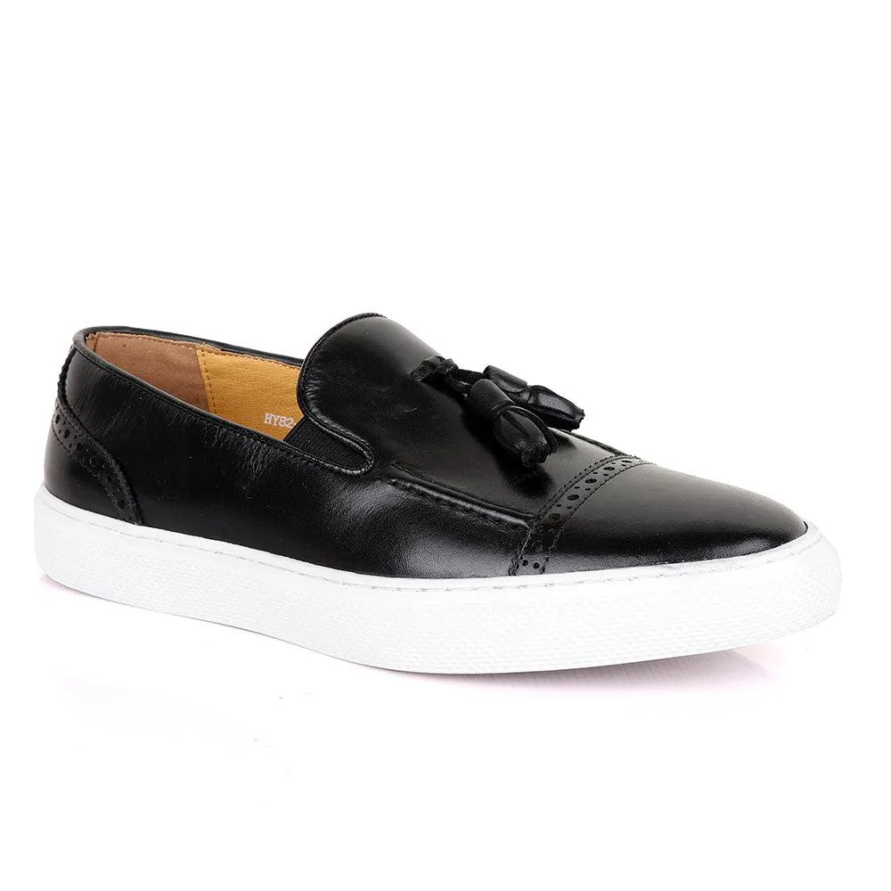 Terry Taylor Black Leather Tassel Sneaker Shoe