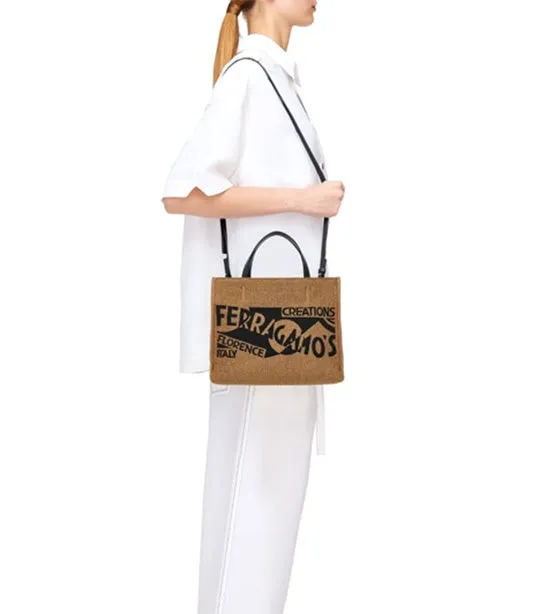 Tote Bag With Logo (S) Raffia and Calf Honey/Black