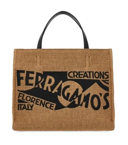 Tote Bag With Logo (S) Raffia and Calf Honey/Black