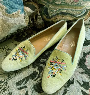 Vintage Hermés Silk Embroidered Suede Leather Driving Shoes or Slippers, Size 40 Ballet Flats