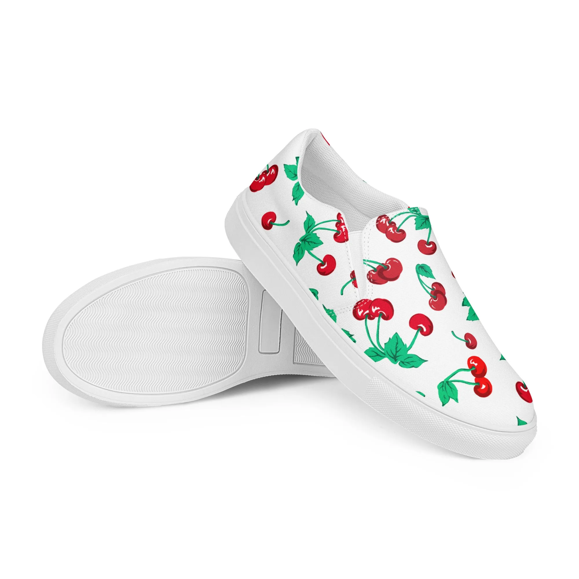 White Chocolate Cherry Print Women’s Canvas Slip-On Deck Shoes | Pinup Couture Relaxed