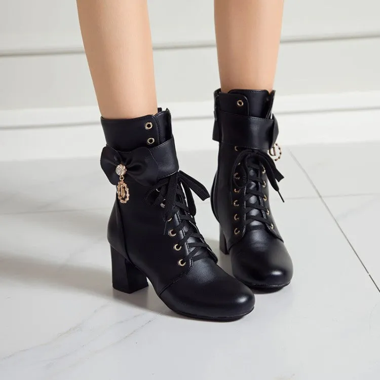 Women's Pu Leather Lace Up Bowtie Rhinestone Block Heel Ankle Boots