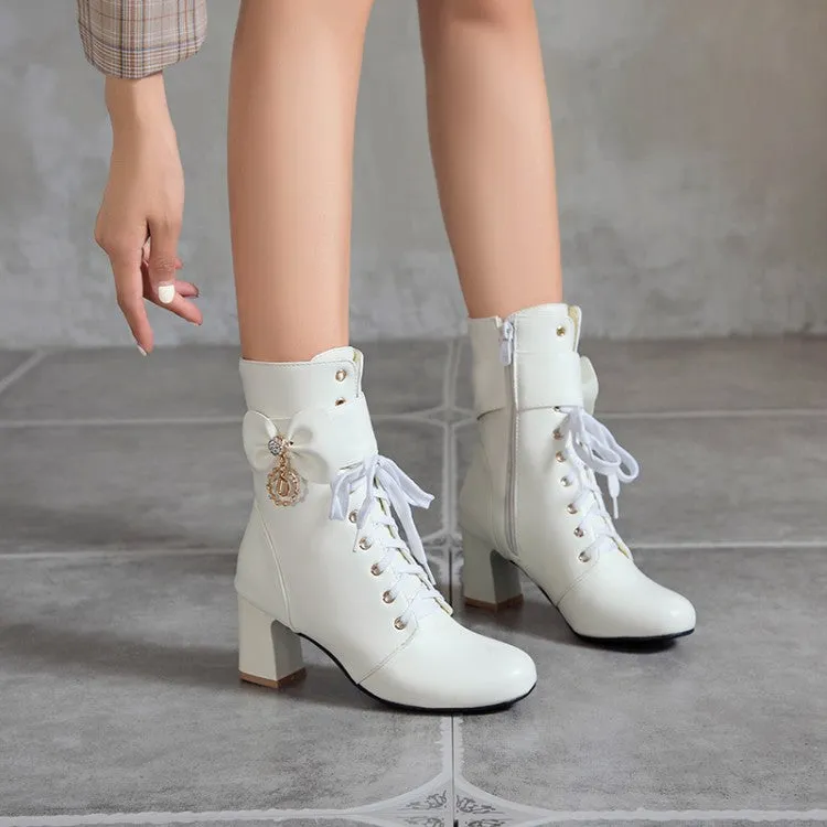 Women's Pu Leather Lace Up Bowtie Rhinestone Block Heel Ankle Boots