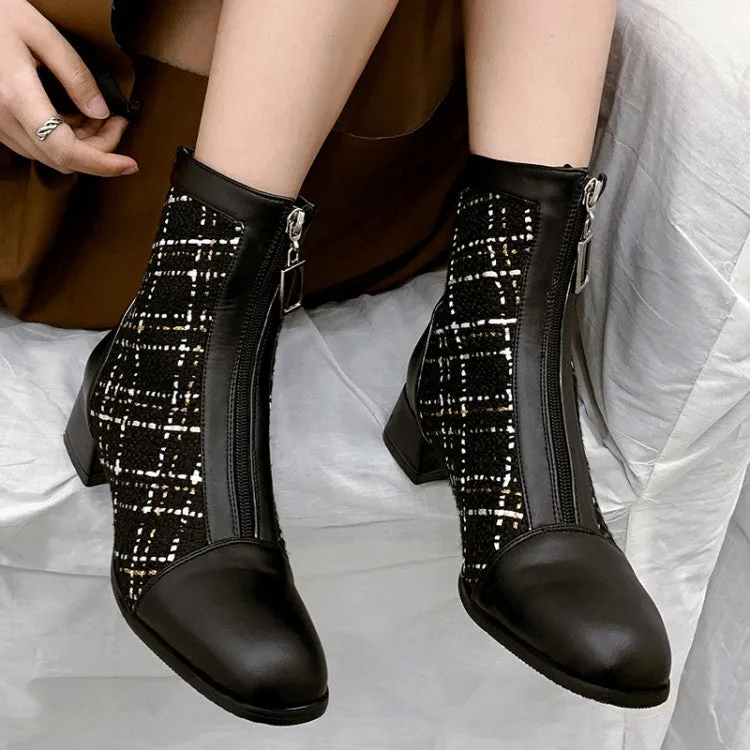 Women's Pu Leather Lattice Patchwork Zippers Block Heel Short Boots