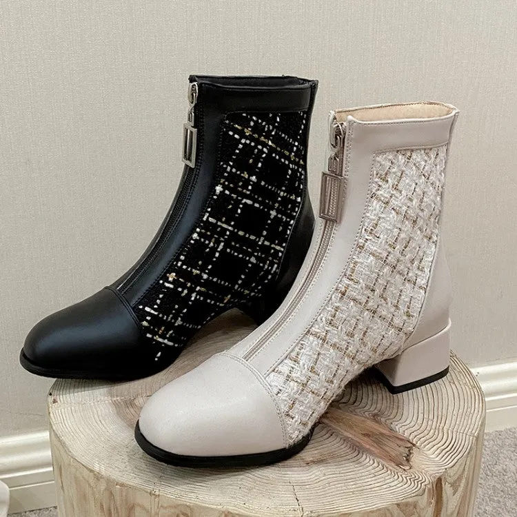 Women's Pu Leather Lattice Patchwork Zippers Block Heel Short Boots