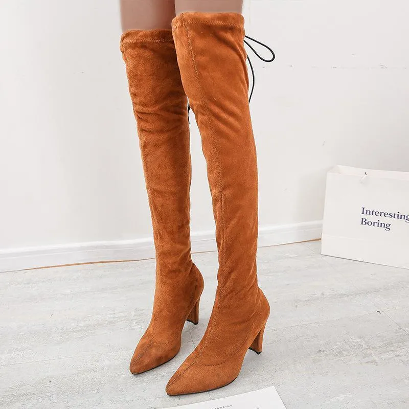 Women's suede stiletto heel stretch thigh high boots pointed toe skinny winter tall boots