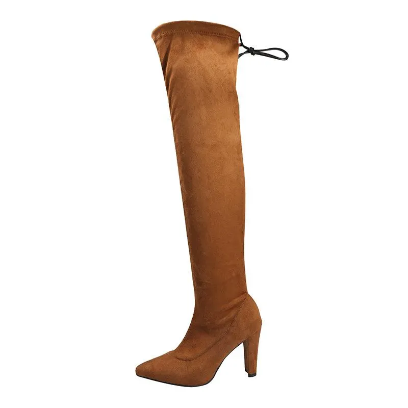 Women's suede stiletto heel stretch thigh high boots pointed toe skinny winter tall boots