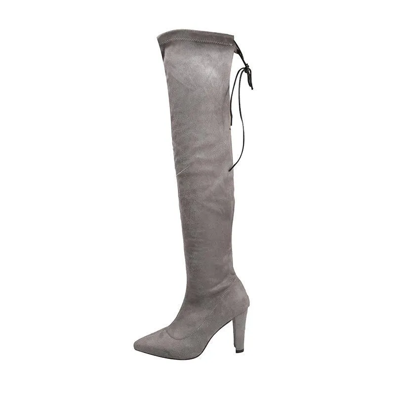 Women's suede stiletto heel stretch thigh high boots pointed toe skinny winter tall boots