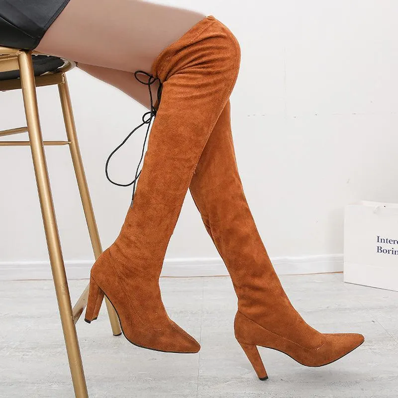 Women's suede stiletto heel stretch thigh high boots pointed toe skinny winter tall boots