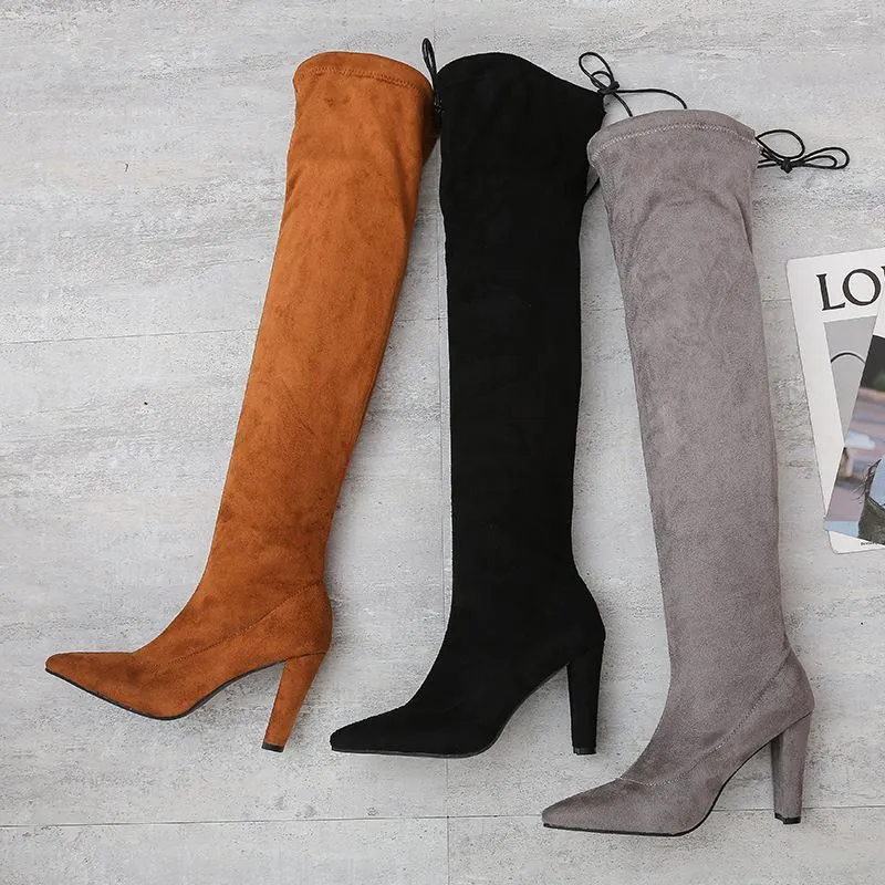 Women's suede stiletto heel stretch thigh high boots pointed toe skinny winter tall boots