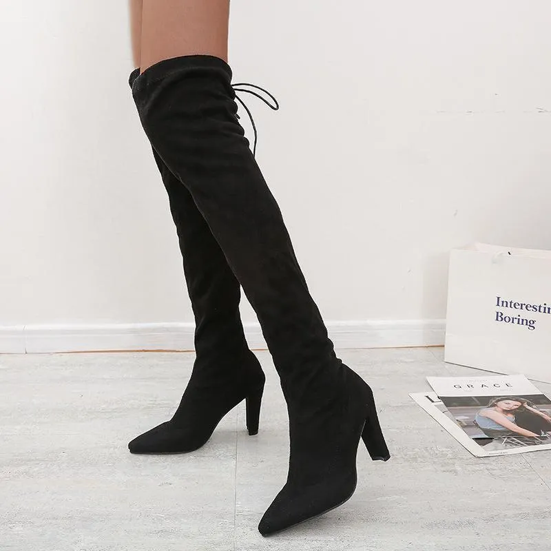 Women's suede stiletto heel stretch thigh high boots pointed toe skinny winter tall boots